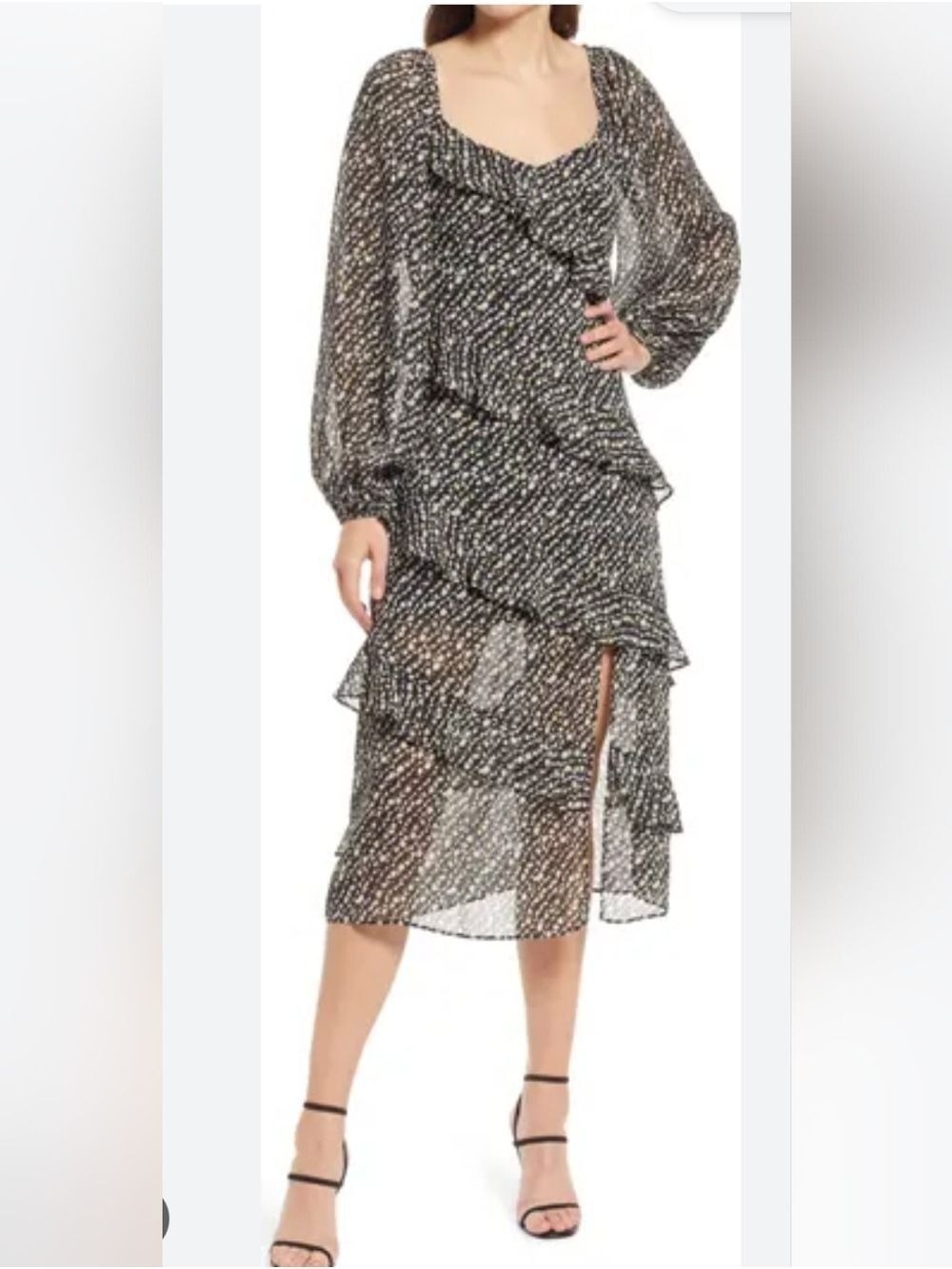 Lush Midi Dress With Diagonal Layers, Lined.Black Floral. Size Small .